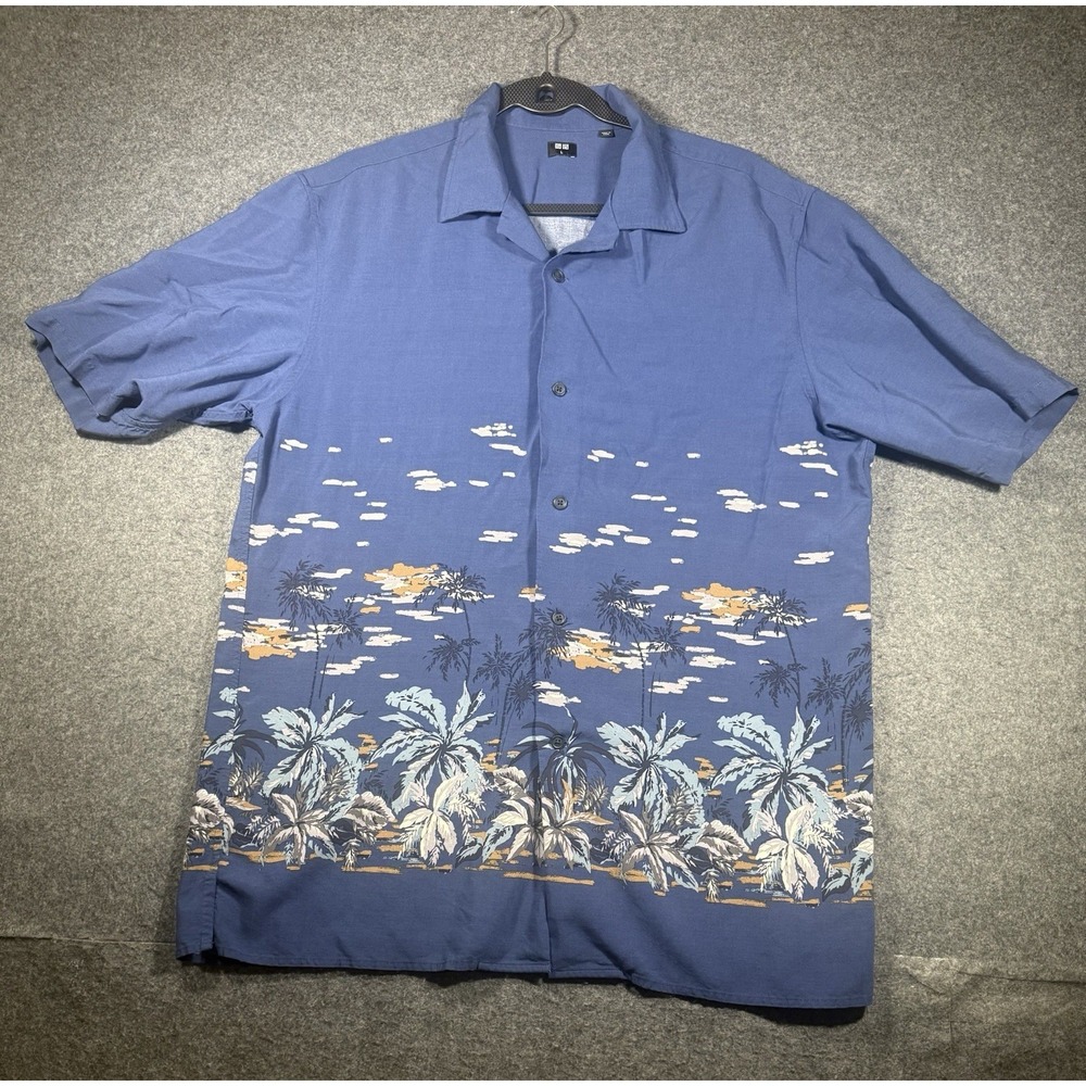 Uniqlo Rayon Hawaiian Palm‎ Tree Short Sleeve Camp Shirt large Blue